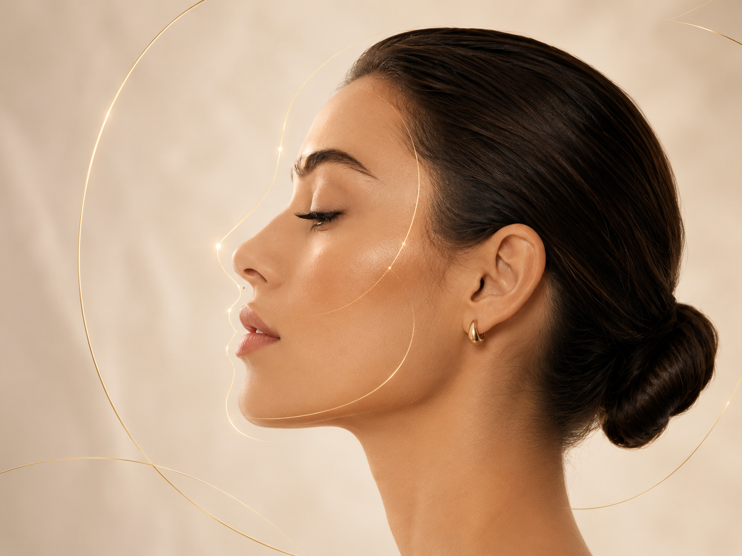 Perfil feminino com linhas douradas representando contorno e proporção facial